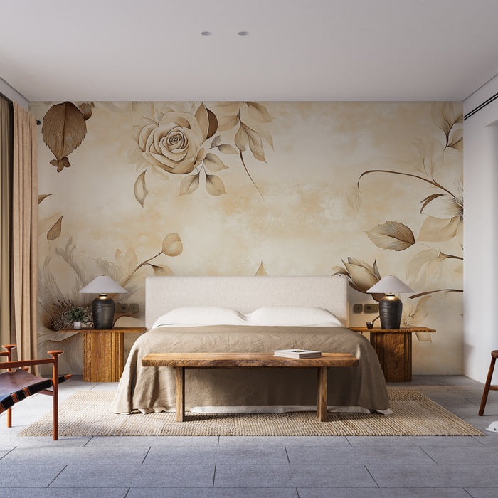 Une chambre apaisante avec un papier peint floral beige et doré, présentant de grandes roses et des feuilles délicates sur un fond doux.