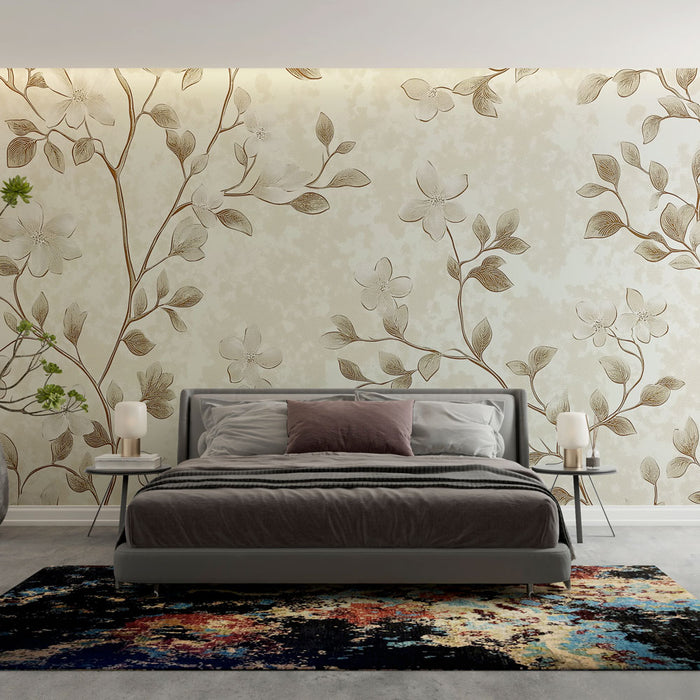 Une chambre élégante avec un papier peint floral beige et doré aux motifs délicats, créant une atmosphère apaisante et naturelle.