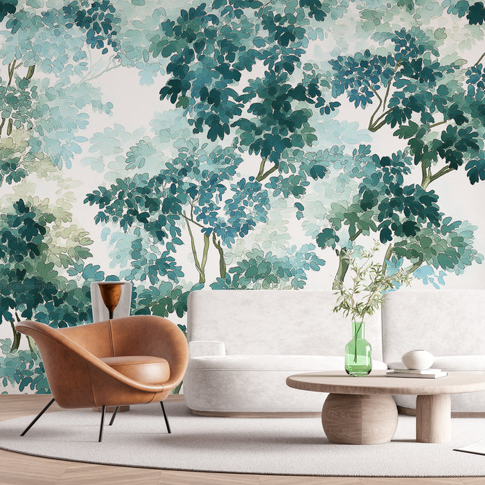 Papier peint shabby chic | Feuillage aquarelle en dégradé de verts