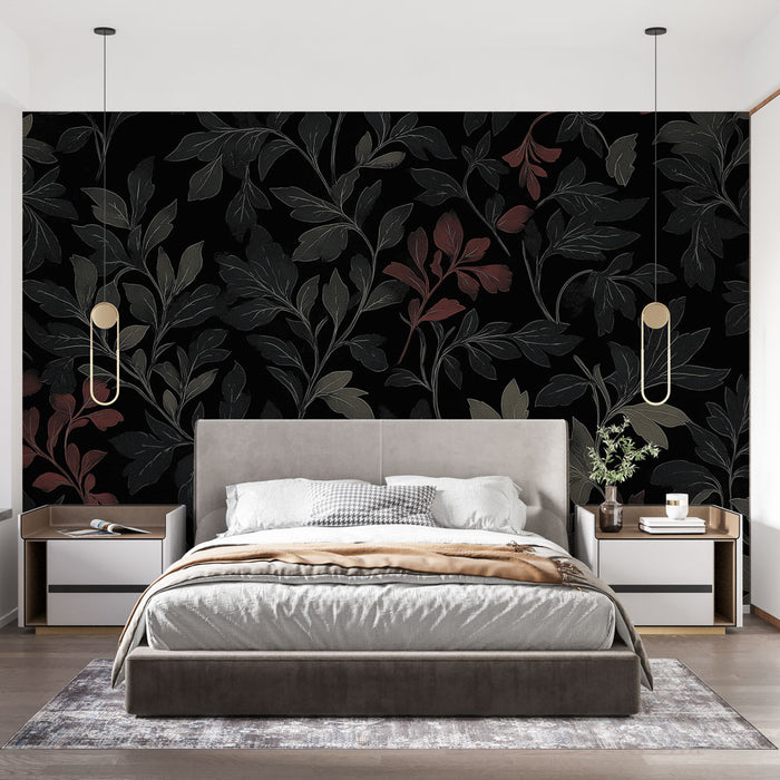 Une chambre moderne avec un papier peint floral noir aux motifs de feuilles et fleurs dans des teintes rouges et beiges, créant une ambiance élégante et chaleureuse.