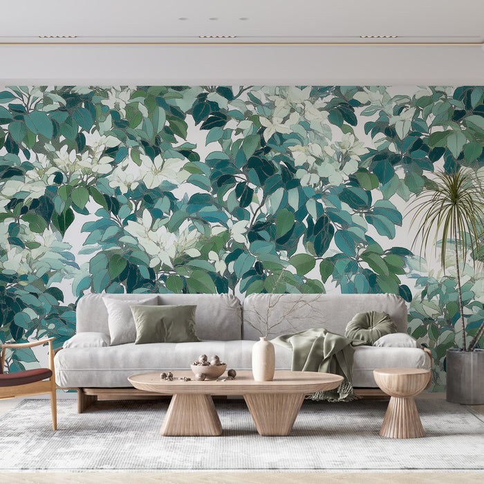 Un salon moderne avec un papier peint botanique aux motifs de feuillage luxuriant dans des teintes de vert et blanc, créant une atmosphère apaisante et naturelle.