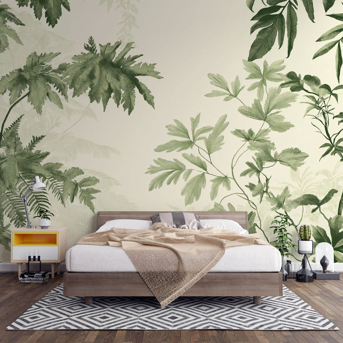 Une chambre apaisante avec un papier peint tropical aux motifs de grandes feuilles vertes sur fond clair, créant une atmosphère naturelle et relaxante.