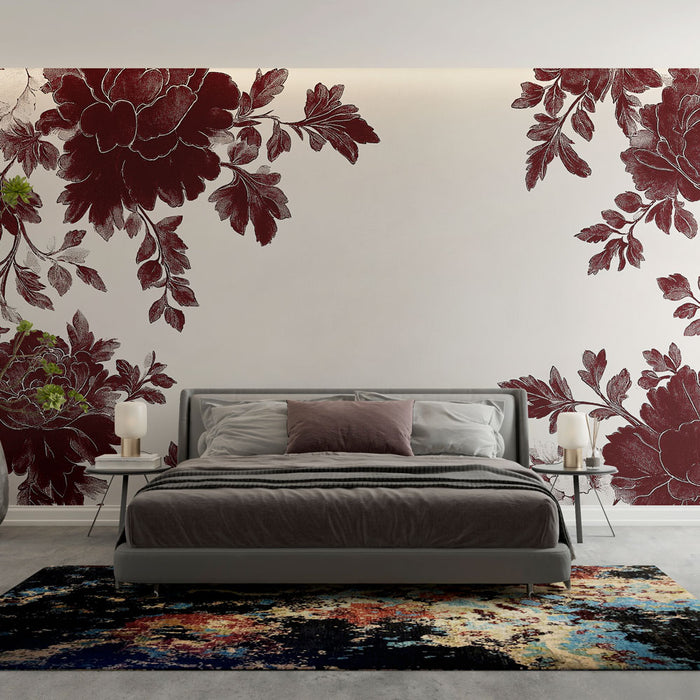 Papier peint shabby chic | Fleurs bordeaux sur fond crème classique