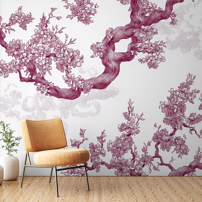 Papier peint shabby chic | Fleurs de cerisier sur fond blanc