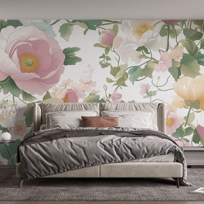 Une chambre élégante avec un papier peint floral aux grandes fleurs pastel et feuillages verts, créant une ambiance douce et romantique.