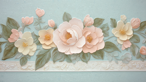 Papier peint shabby chic Fleurs délicates en relief sur fond bleu clair