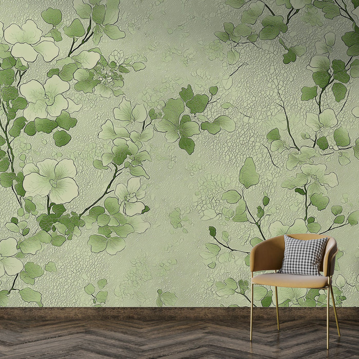 Une pièce moderne avec un papier peint floral vert tendre, aux motifs délicats de fleurs et de feuilles, créant une atmosphère apaisante et naturelle.