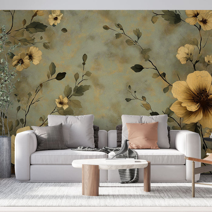 Un salon moderne avec un papier peint floral aux teintes douces de vert et jaune, créant une atmosphère apaisante et chaleureuse.