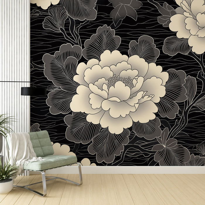 Papier peint shabby chic | Fleurs élégantes sur fond noir