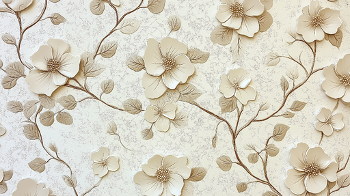 Papier peint shabby chic Fleurs en relief sur fond texturé beige