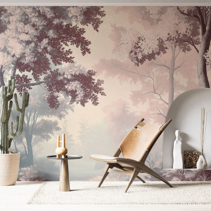 Une pièce moderne avec un papier peint représentant un paysage forestier aux teintes douces de rose et de bleu, créant une atmosphère sereine et apaisante.