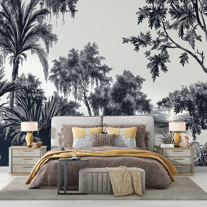 Une chambre élégante avec un papier peint représentant un paysage tropical en noir et blanc, créant une atmosphère apaisante et artistique.