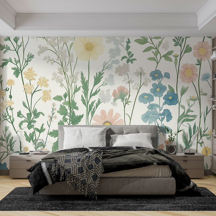 Une chambre moderne avec un papier peint floral aux teintes douces de jaune, rose et bleu, créant une ambiance fraîche et apaisante.