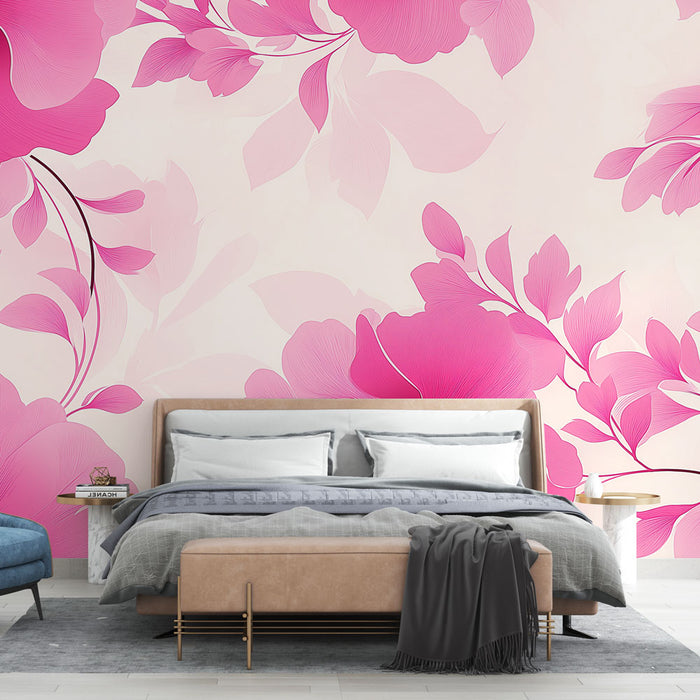 Une chambre moderne avec un papier peint floral aux teintes roses vives sur fond clair, créant une atmosphère douce et accueillante.