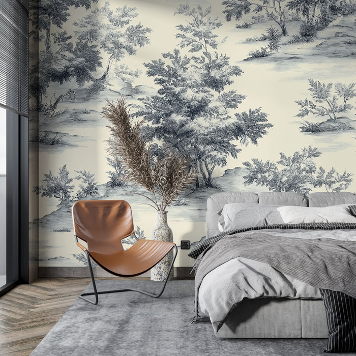 Une chambre moderne avec un papier peint toile de Jouy bleu sur fond crème, évoquant une atmosphère élégante et apaisante.
