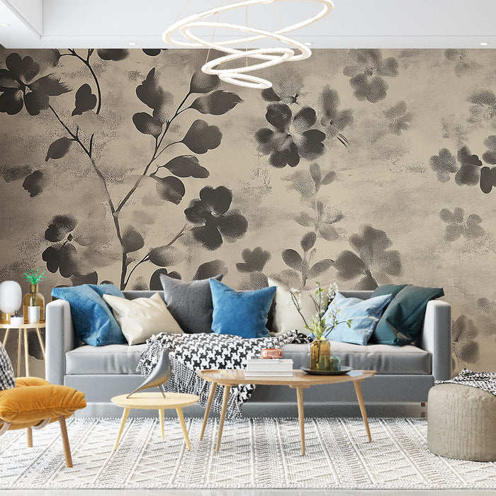 Un salon moderne avec un papier peint floral beige et noir, évoquant une atmosphère élégante et apaisante grâce à ses motifs délicats.