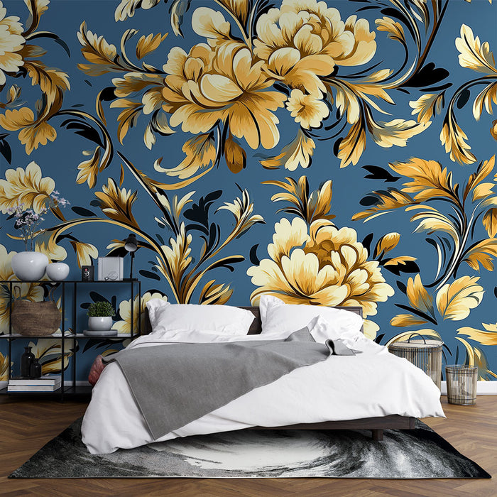 Une chambre moderne avec un papier peint floral bleu profond et doré, aux motifs luxuriants, créant une atmosphère chaleureuse et élégante.