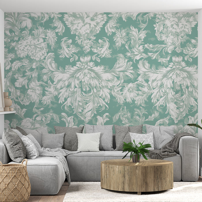 Un salon moderne avec un papier peint floral turquoise et blanc aux motifs élégants, créant une ambiance douce et raffinée.