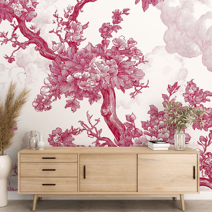 Papier peint shabby chic | Motif floral en rose avec nuages délicats