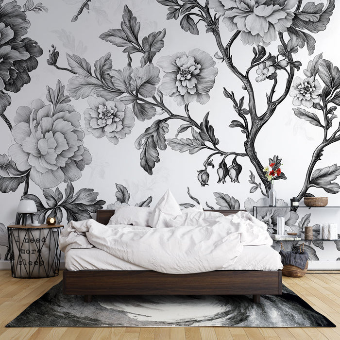 Une chambre moderne avec un papier peint floral noir et blanc, aux motifs délicats de fleurs et de feuillage, créant une atmosphère élégante et apaisante.