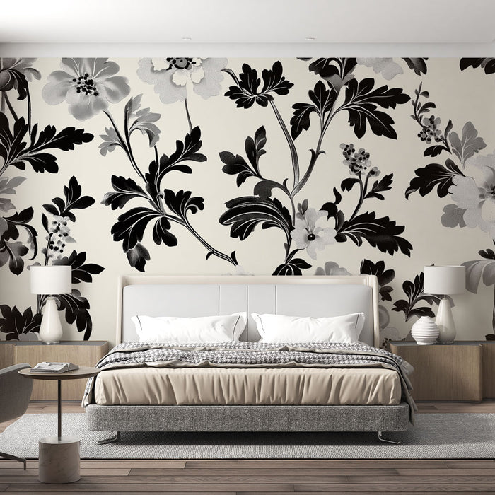Une chambre moderne avec un papier peint floral noir et blanc aux motifs élégants, créant une ambiance chic et sophistiquée.