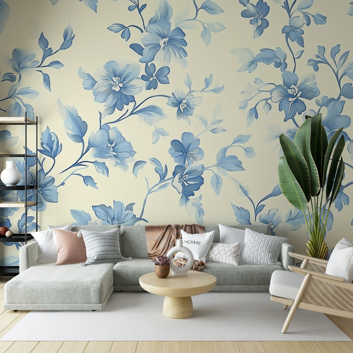 Un salon élégant avec un papier peint floral bleu sur fond crème, créant une atmosphère douce et apaisante, idéale pour la détente.