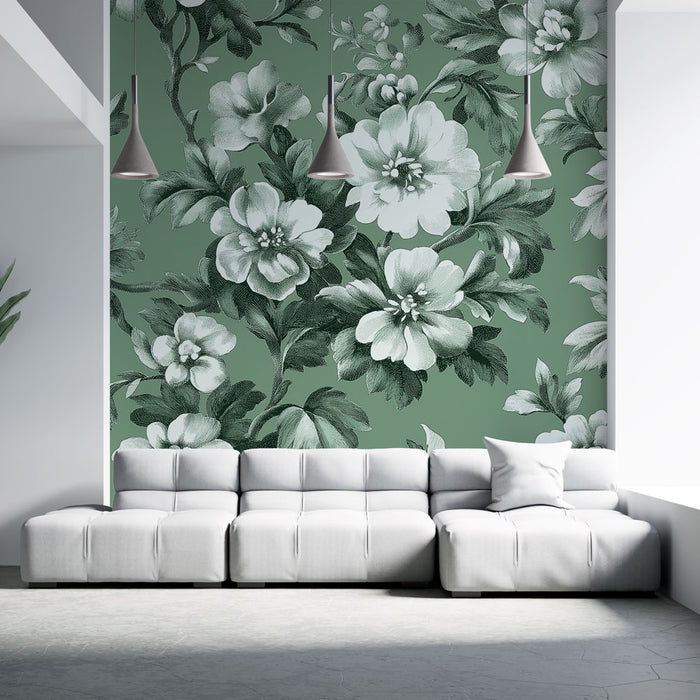 Un salon moderne avec un papier peint floral vert d'eau et blanc, créant une atmosphère fraîche et élégante, agrémentée de motifs délicats.