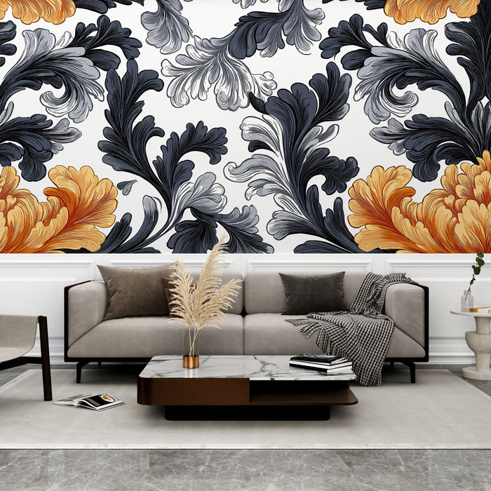 Papier peint shabby chic | Motif floraux audacieux avec des touches de noir et d'orange