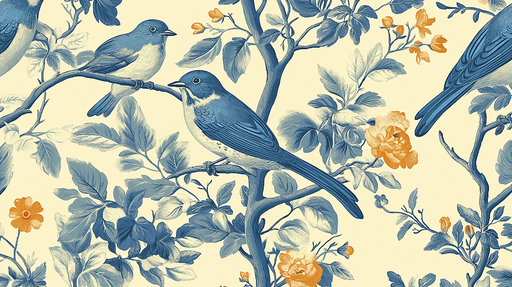 Papier peint shabby chic Oiseaux bleus et fleurs orange dans un cadre naturel