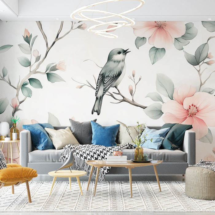 Un salon lumineux avec un papier peint floral représentant un oiseau chantant sur une branche, entouré de fleurs roses et de feuillages délicats, créant une atmosphère douce et apaisante.