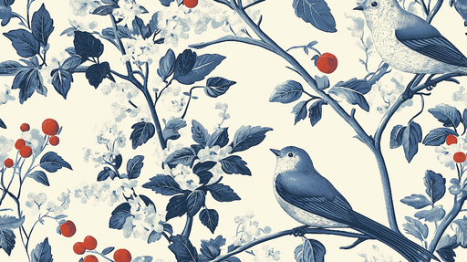 Papier peint shabby chic Oiseaux délicats sur fond floral bleu et rouge