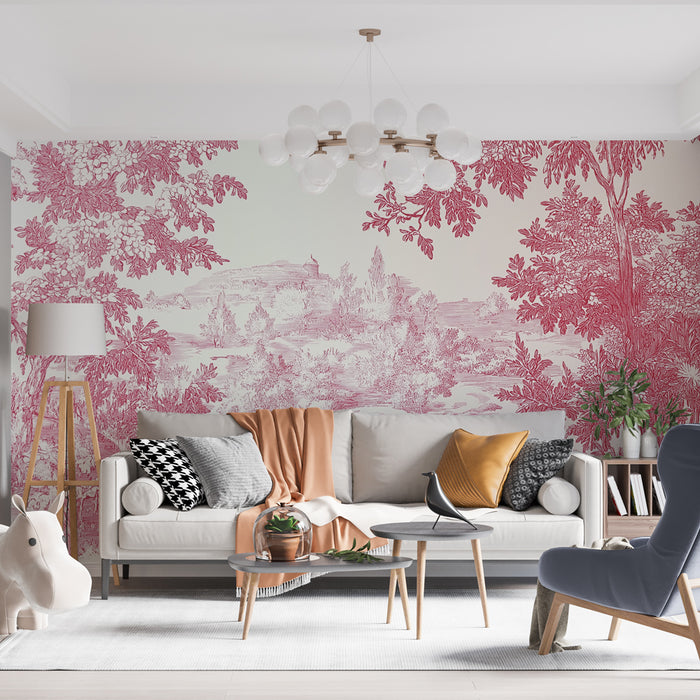 Papier peint shabby chic | Paysage bucolique rose en contours délicats