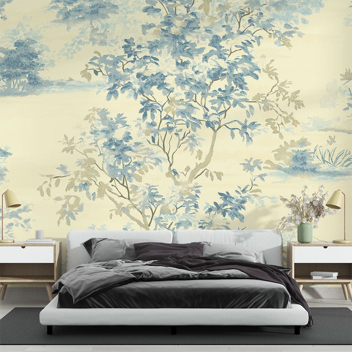 Une chambre moderne avec un papier peint floral bleu et beige représentant des branches délicates sur un fond clair, créant une ambiance apaisante et élégante.
