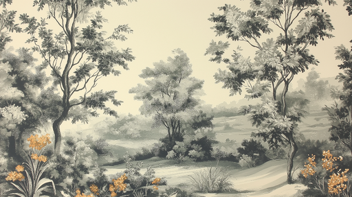 Papier peint shabby chic Paysage forestier en noir et blanc avec touches florales dorées