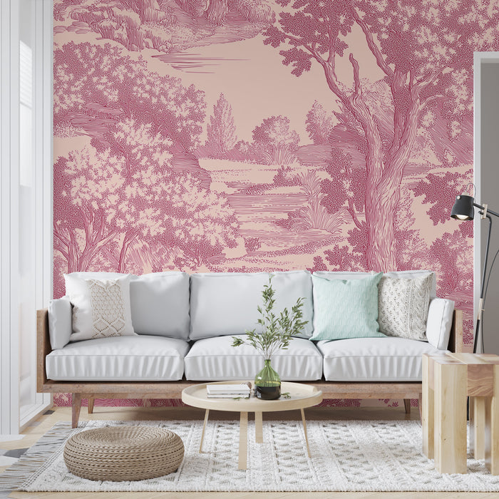 Un salon lumineux avec un papier peint en toile de Jouy rose sur fond clair, évoquant une atmosphère romantique et apaisante grâce à ses motifs bucoliques.