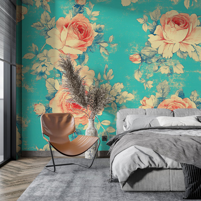 Une chambre moderne avec un papier peint floral turquoise orné de grandes roses corail, créant une atmosphère fraîche et romantique.