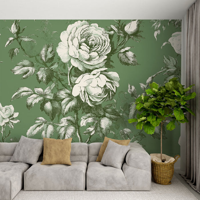 Un salon moderne avec un papier peint floral vert olive illustrant de grandes roses blanches, créant une atmosphère élégante et apaisante.