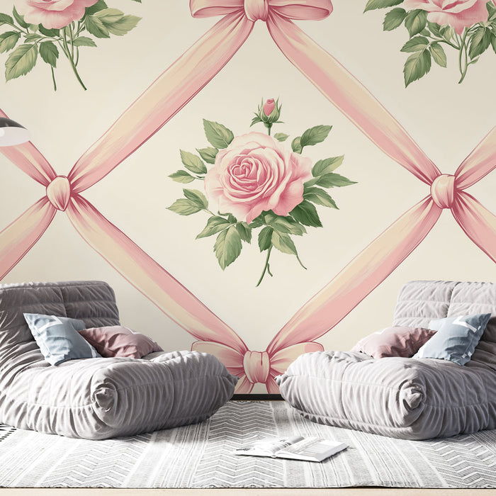 Une chambre élégante avec un papier peint à motifs de roses roses entourées de rubans délicats sur fond crème, créant une atmosphère romantique et chaleureuse.