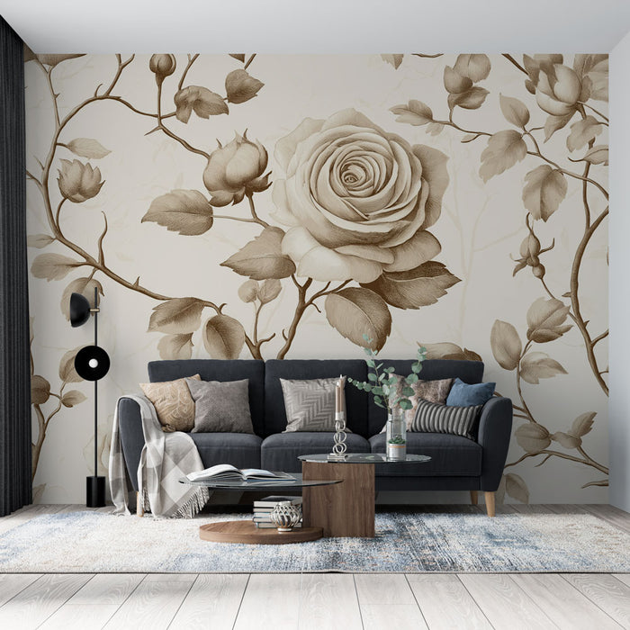Un salon élégant avec un papier peint floral beige et brun représentant de grandes roses sur fond clair, créant une atmosphère douce et romantique.