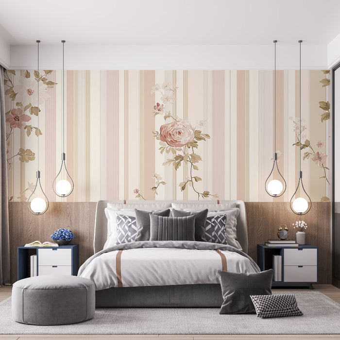 Une chambre élégante avec un papier peint à rayures pastel et motifs floraux délicats, créant une atmosphère douce et romantique.