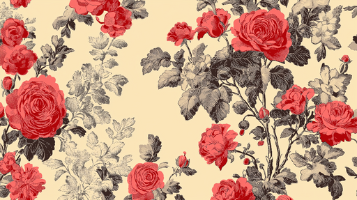 Papier peint shabby chic Roses rouge sur fond crème