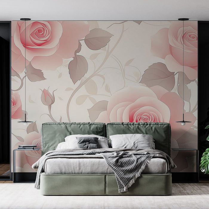 Une chambre élégante avec un papier peint floral aux grandes roses roses et délicates, créant une atmosphère romantique et apaisante.