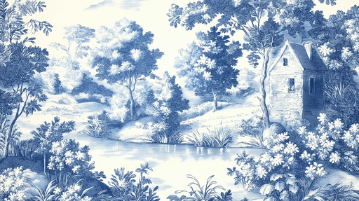 Papier peint shabby chic Scène bucolique en bleu et blanc avec maison et paysage floral