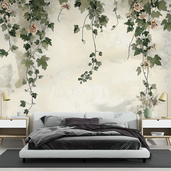 Une chambre moderne avec un papier peint floral crème et vert, orné de vignes et de fleurs délicates, créant une atmosphère apaisante et naturelle.