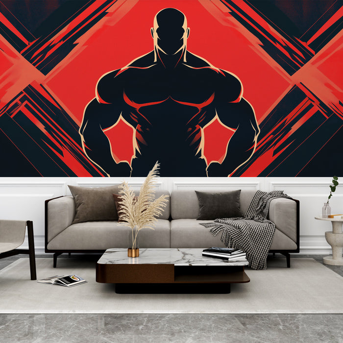 Un salon contemporain avec un papier peint dynamique représentant une silhouette musclée sur fond rouge et noir, créant une ambiance énergique et audacieuse.