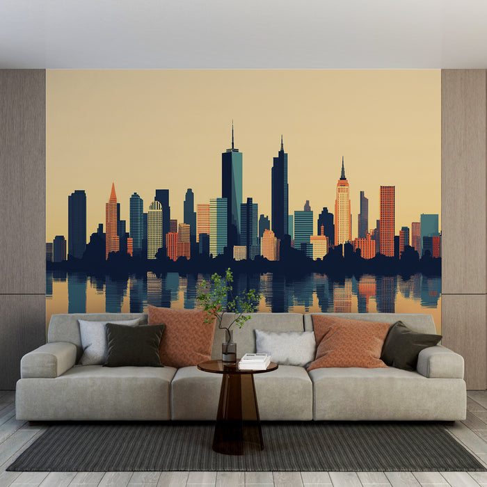 Une pièce de vie moderne avec un papier peint représentant une silhouette de skyline urbaine aux teintes chaudes et graphiques, créant une ambiance dynamique et contemporaine.