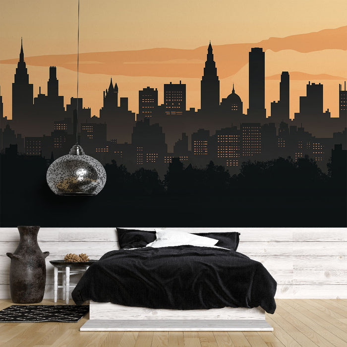 Une chambre contemporaine avec un papier peint représentant une silhouette urbaine noire sur fond dégradé orange, créant une ambiance moderne et chaleureuse.