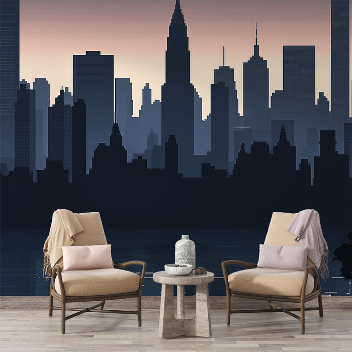 Une pièce moderne avec un papier peint représentant une silhouette urbaine en dégradé de bleu et rose, évoquant une ambiance contemporaine et apaisante.
