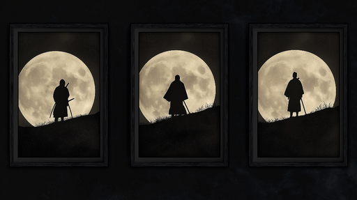Papier peint silhouette de samouraï Trois figures majestueuses devant une pleine lune lumineuse