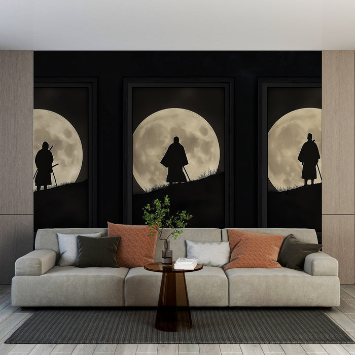 Un salon contemporain avec un papier peint noir représentant des silhouettes de samouraïs devant une pleine lune, créant une ambiance mystérieuse et dramatique.